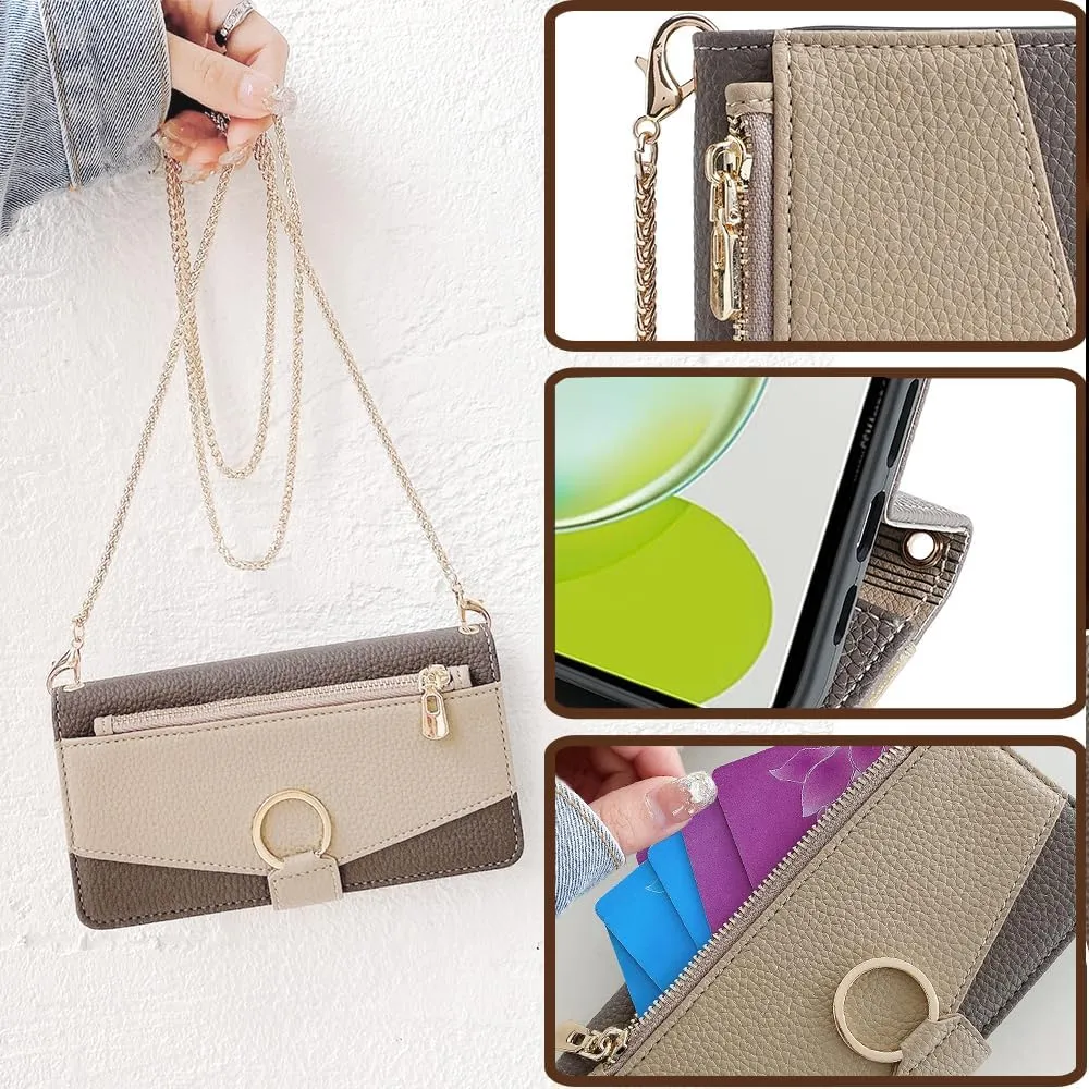 Wallet Case with Crossbody Strap Compatible for Huawei Mate 7 Mini/Honor 5X/GR5, Magnetic Handbag Zipper Pocket Cases PU Leather Flip Shockproof Cover with Kickstand Gray