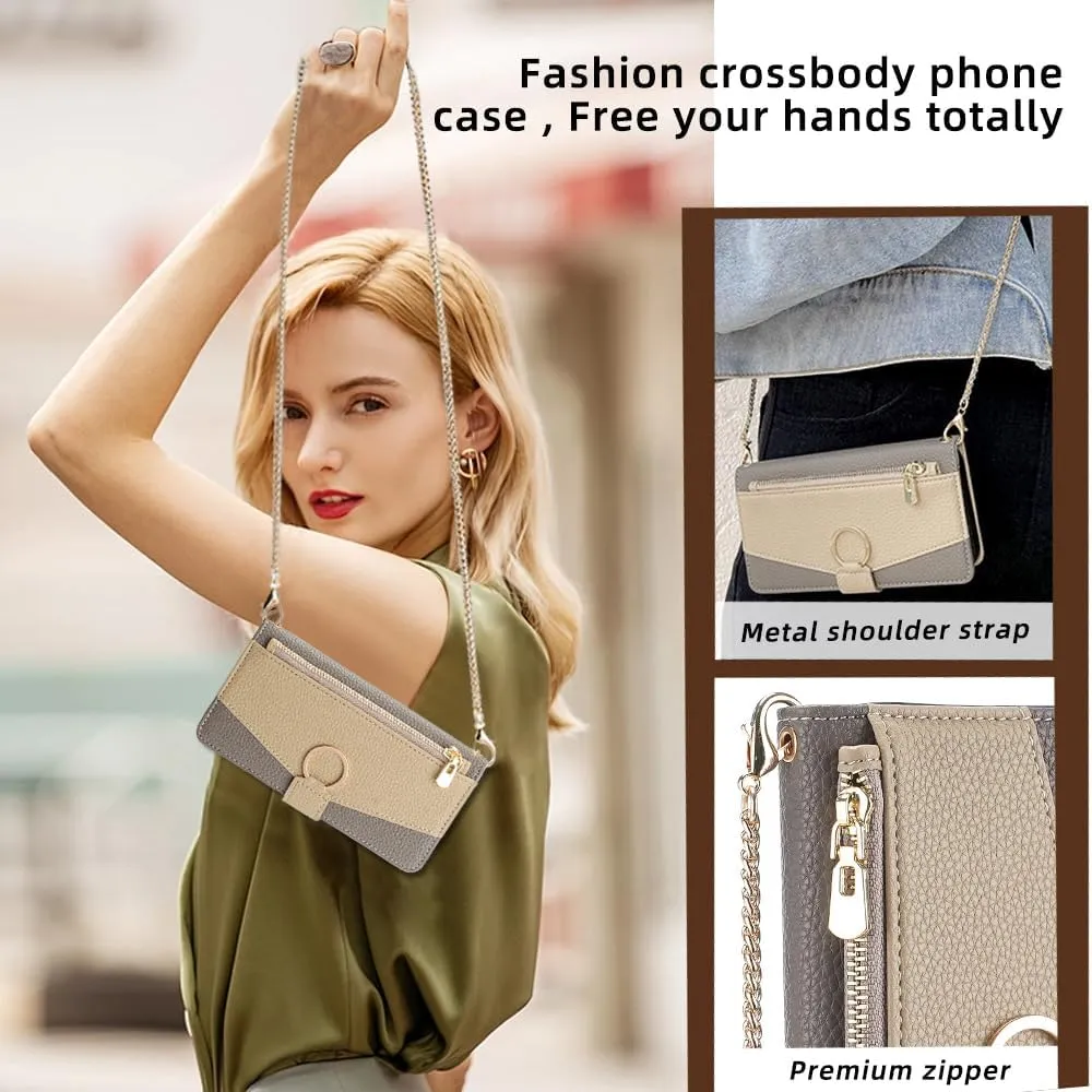 Wallet Case with Crossbody Strap Compatible for Huawei Mate 7 Mini/Honor 5X/GR5, Magnetic Handbag Zipper Pocket Cases PU Leather Flip Shockproof Cover with Kickstand Gray