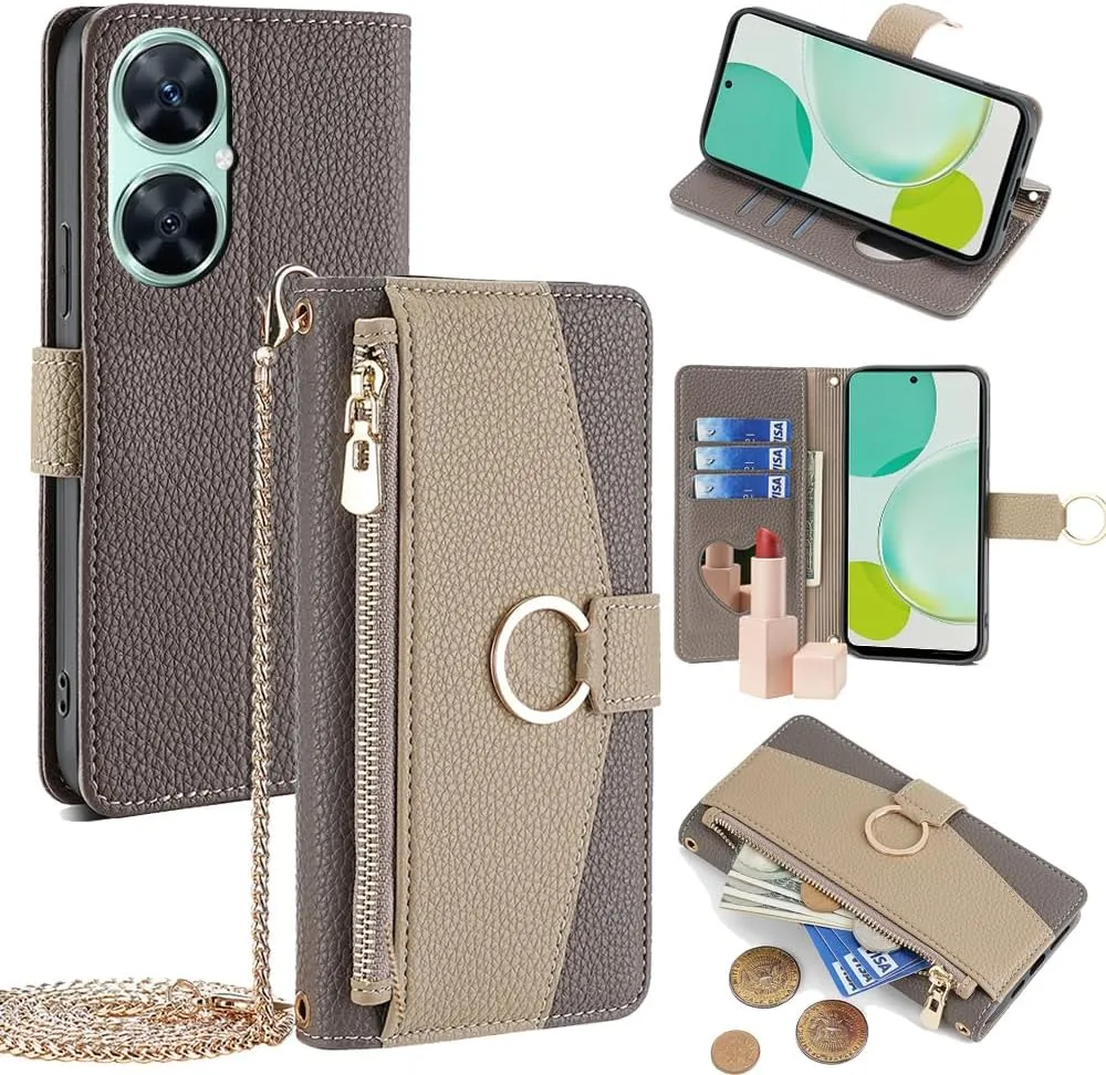 Wallet Case with Crossbody Strap Compatible for Huawei Mate 7 Mini/Honor 5X/GR5, Magnetic Handbag Zipper Pocket Cases PU Leather Flip Shockproof Cover with Kickstand Gray
