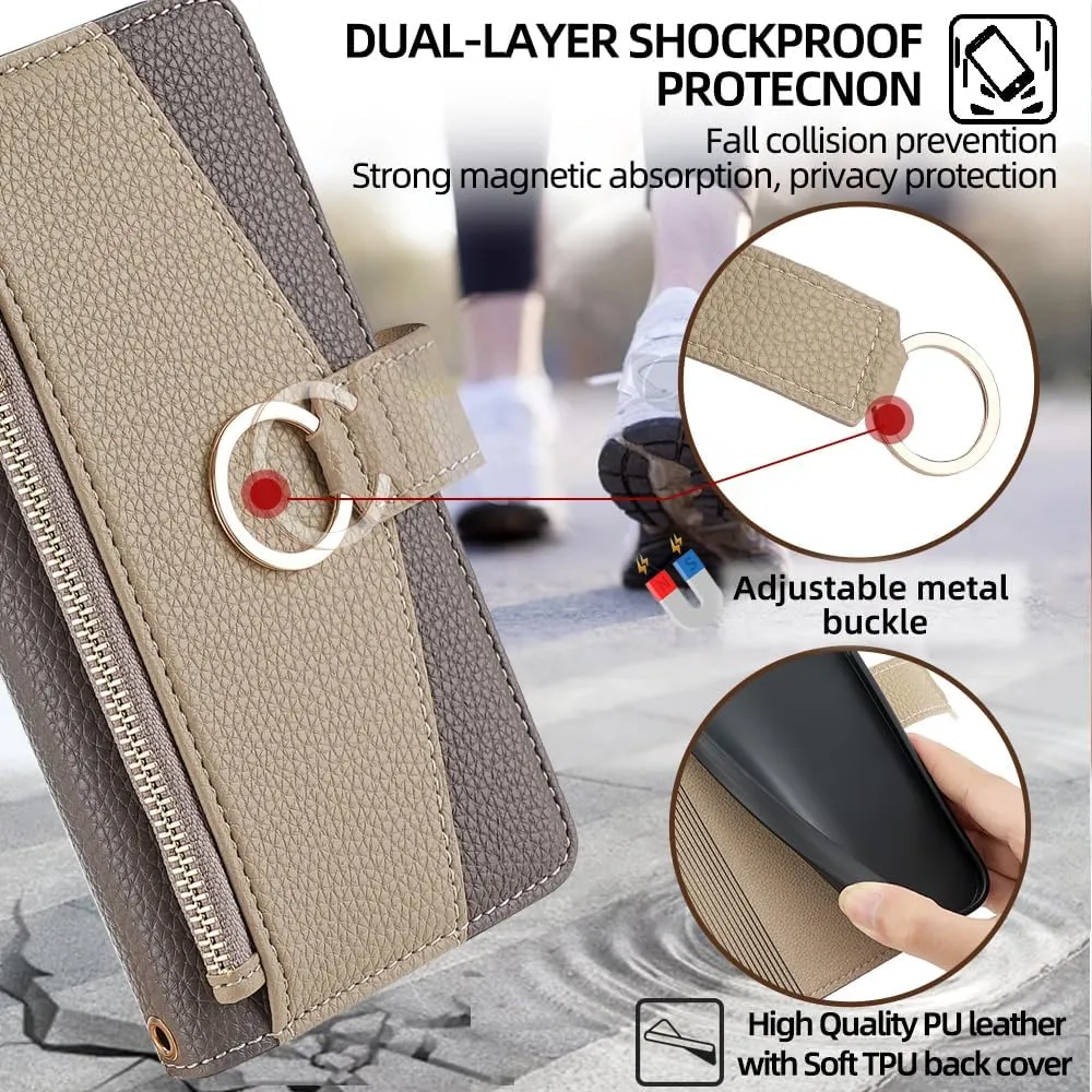 Wallet Case with Crossbody Strap Compatible for Huawei Mate 7 Mini/Honor 5X/GR5, Magnetic Handbag Zipper Pocket Cases PU Leather Flip Shockproof Cover with Kickstand Gray
