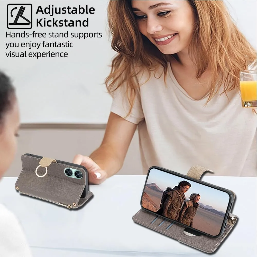 Wallet Case with Crossbody Strap Compatible for Huawei Mate 7 Mini/Honor 5X/GR5, Magnetic Handbag Zipper Pocket Cases PU Leather Flip Shockproof Cover with Kickstand Gray