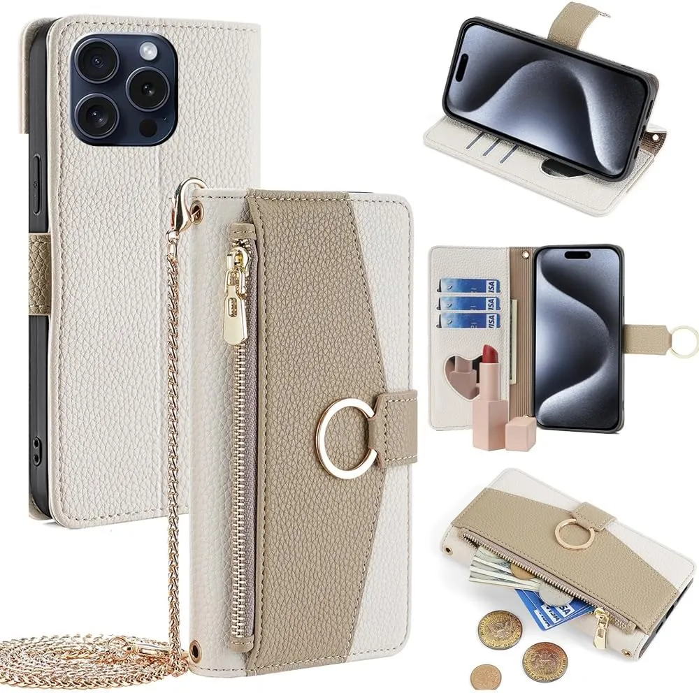 Wallet Case with Crossbody Strap Compatible for iPhone 16 Pro, Magnetic Handbag Zipper Pocket Cases PU Leather Flip Cell Phone Holster Cover with Kickstand White