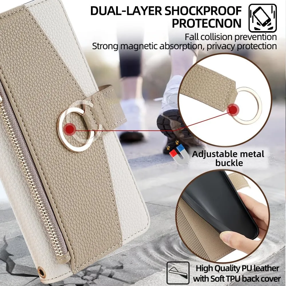 Wallet Case with Crossbody Strap Compatible for iPhone 16 Pro, Magnetic Handbag Zipper Pocket Cases PU Leather Flip Cell Phone Holster Cover with Kickstand White