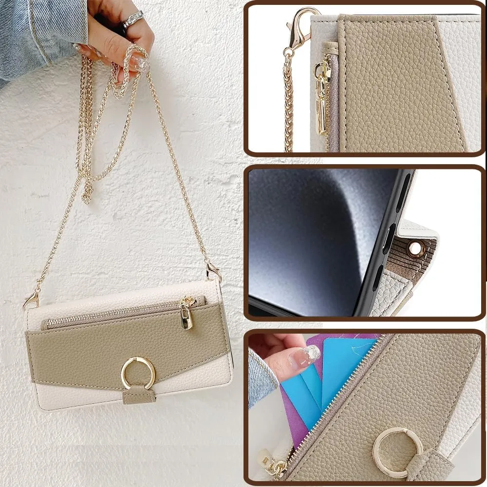 Wallet Case with Crossbody Strap Compatible for iPhone 16 Pro, Magnetic Handbag Zipper Pocket Cases PU Leather Flip Cell Phone Holster Cover with Kickstand White
