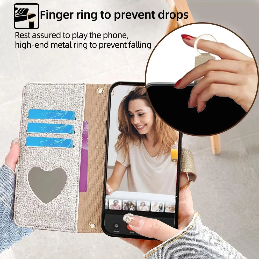Wallet Case with Crossbody Strap Compatible for iPhone 16 Pro, Magnetic Handbag Zipper Pocket Cases PU Leather Flip Cell Phone Holster Cover with Kickstand White