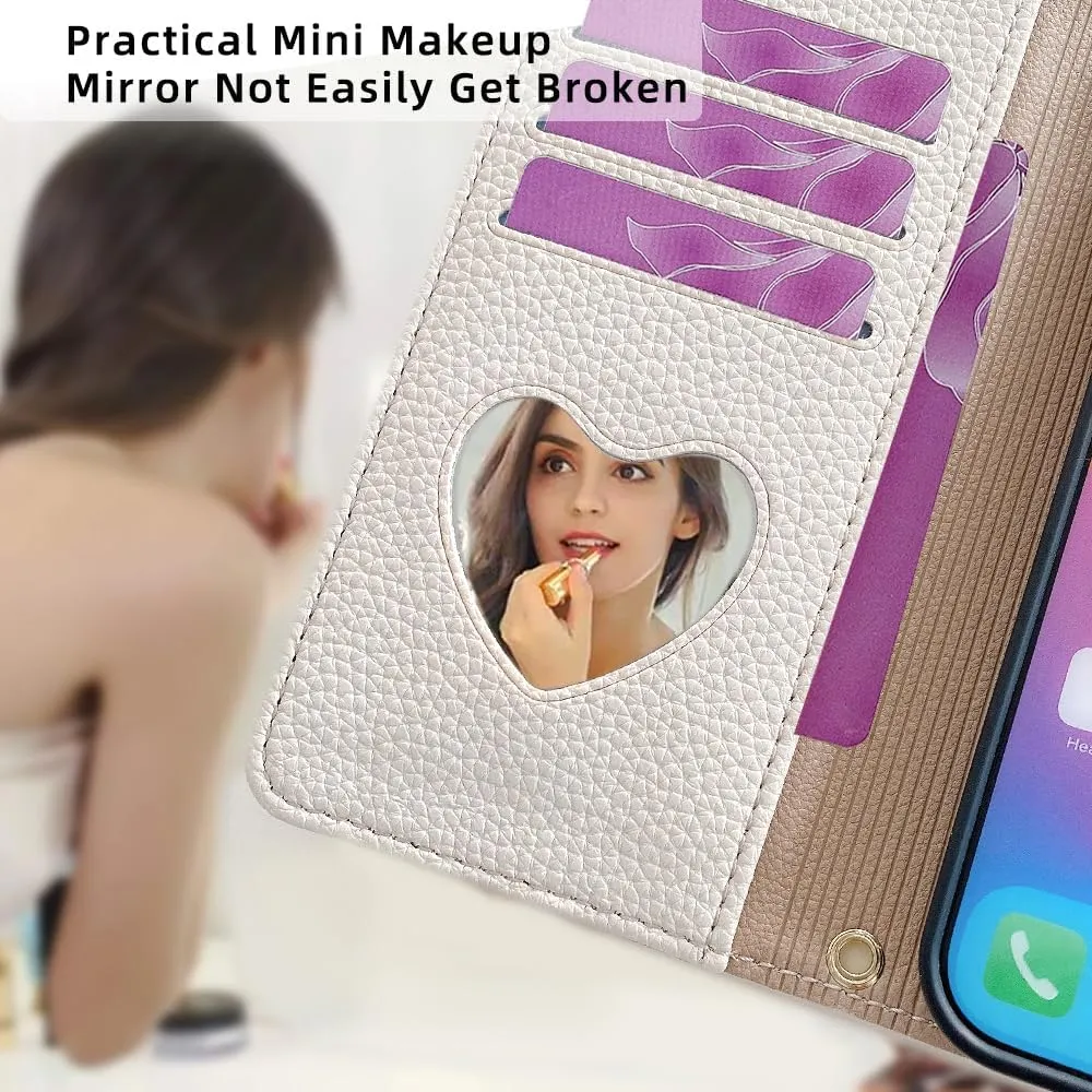 Wallet Case with Crossbody Strap Compatible for iPhone 16 Pro, Magnetic Handbag Zipper Pocket Cases PU Leather Flip Cell Phone Holster Cover with Kickstand White