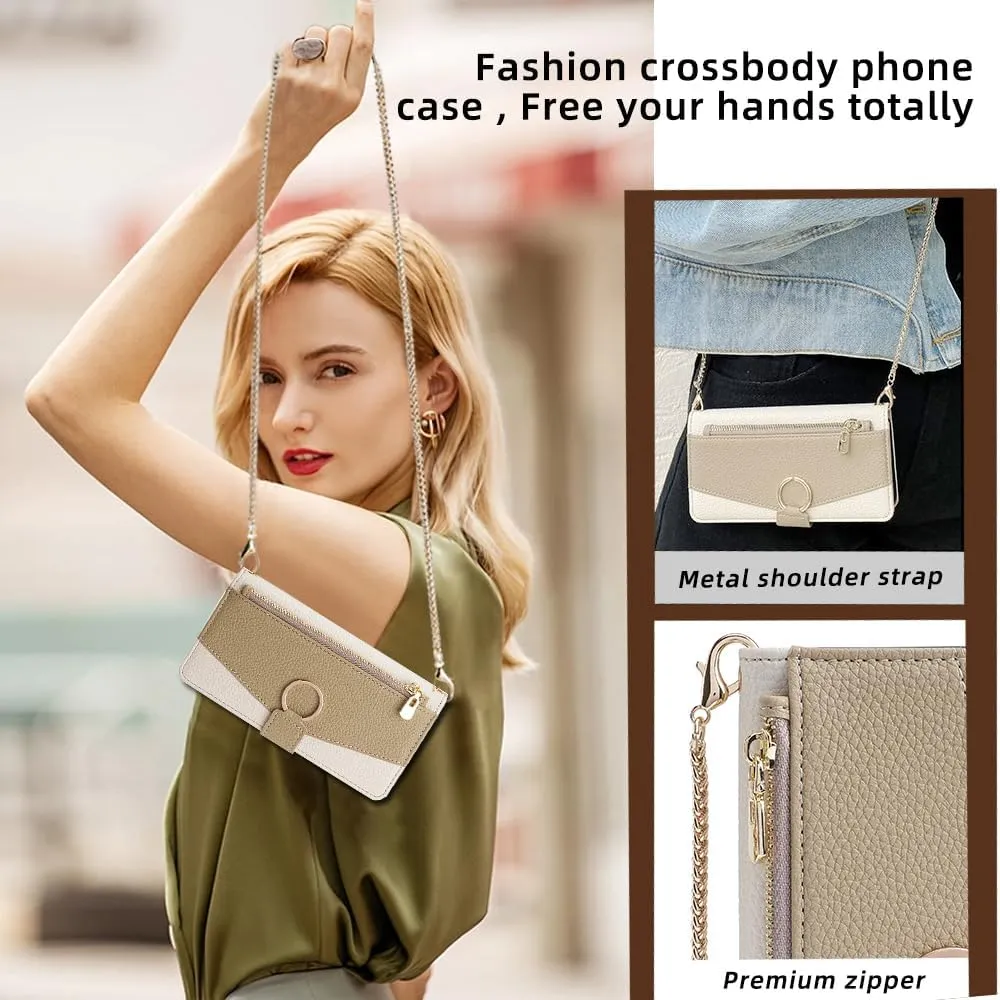 Wallet Case with Crossbody Strap Compatible for iPhone 16 Pro, Magnetic Handbag Zipper Pocket Cases PU Leather Flip Cell Phone Holster Cover with Kickstand White