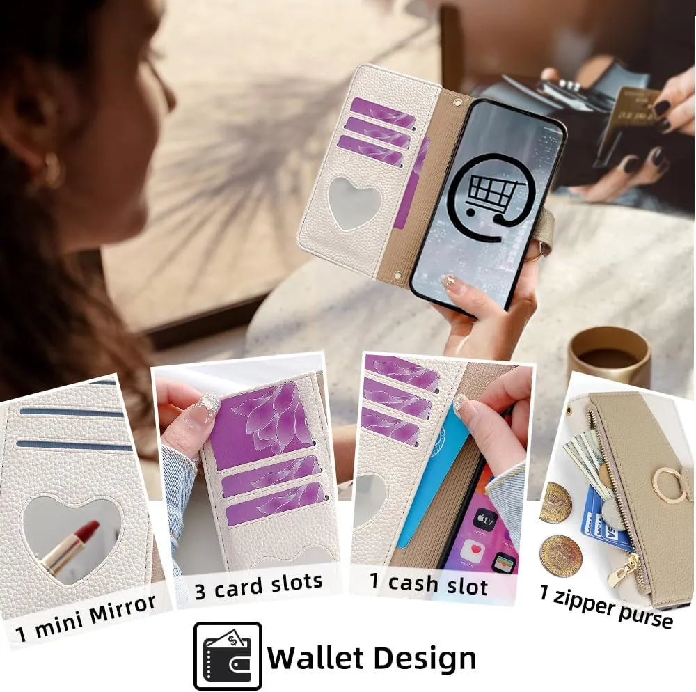 Wallet Case with Crossbody Strap Compatible for iPhone 16 Pro, Magnetic Handbag Zipper Pocket Cases PU Leather Flip Cell Phone Holster Cover with Kickstand White