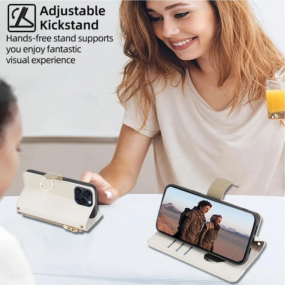 Wallet Case with Crossbody Strap Compatible for iPhone 16 Pro, Magnetic Handbag Zipper Pocket Cases PU Leather Flip Cell Phone Holster Cover with Kickstand White