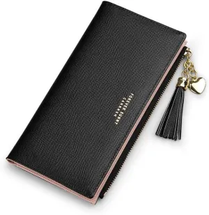 Wallets For Women Credit Card Holder Slim Coin Purse Thin Large Capacity Zip Clutch Cute Minimalist Leather Cell Phone Case For Girls Ladies (Black)