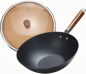 WANGYUANJI Iron Wok,12" Lightweight Woks and Stir Fry Pans with Lid,Wooden Handle Carbon Steel Wok No Chemical Coated Flat Bottom Wok for Induction, Electric, Gas, Halogen All Stoves