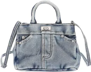 Washed Denim Convertible Top Handle Tote Bag for Women Vintage Blue Jeans Crossbody Purse, Casual Shoulder Handbag