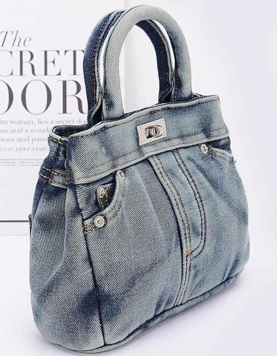 Washed Denim Convertible Top Handle Tote Bag for Women Vintage Blue Jeans Crossbody Purse, Casual Shoulder Handbag