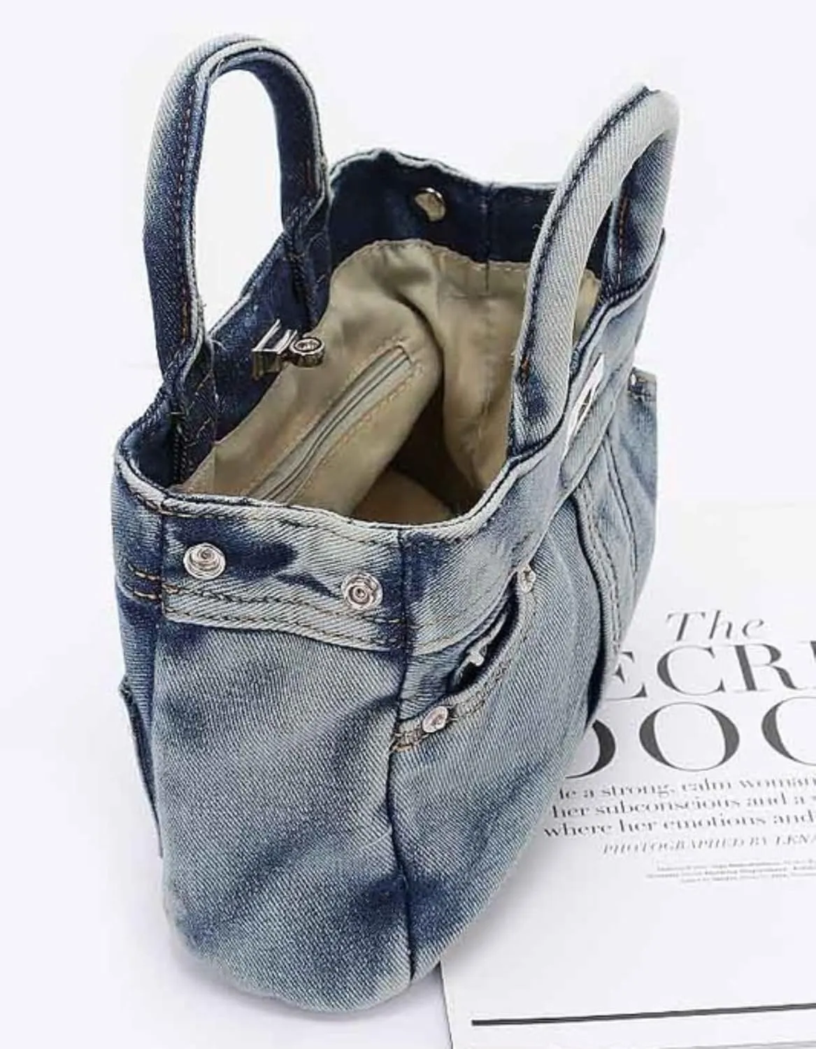 Washed Denim Convertible Top Handle Tote Bag for Women Vintage Blue Jeans Crossbody Purse, Casual Shoulder Handbag