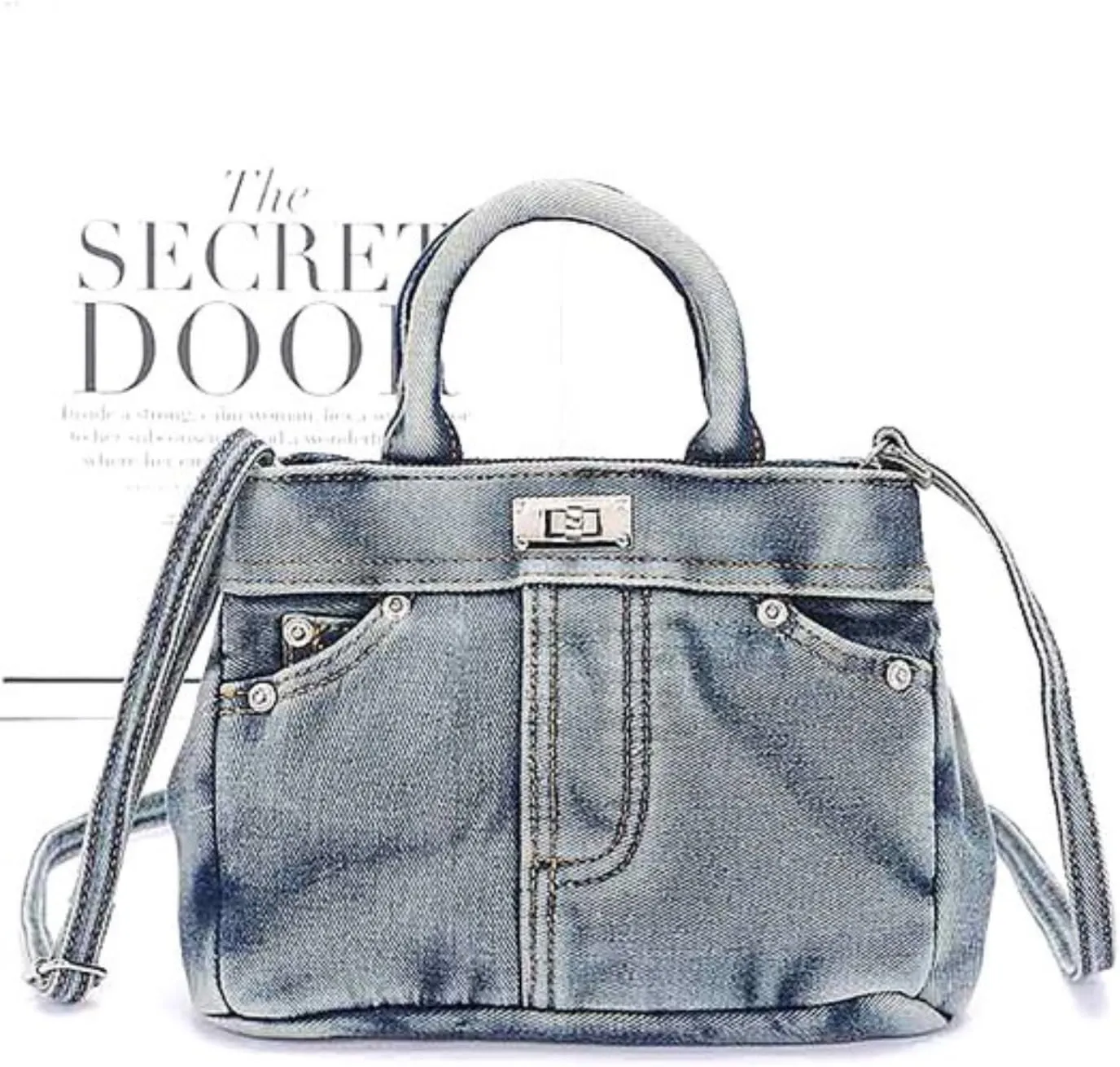 Washed Denim Convertible Top Handle Tote Bag for Women Vintage Blue Jeans Crossbody Purse, Casual Shoulder Handbag