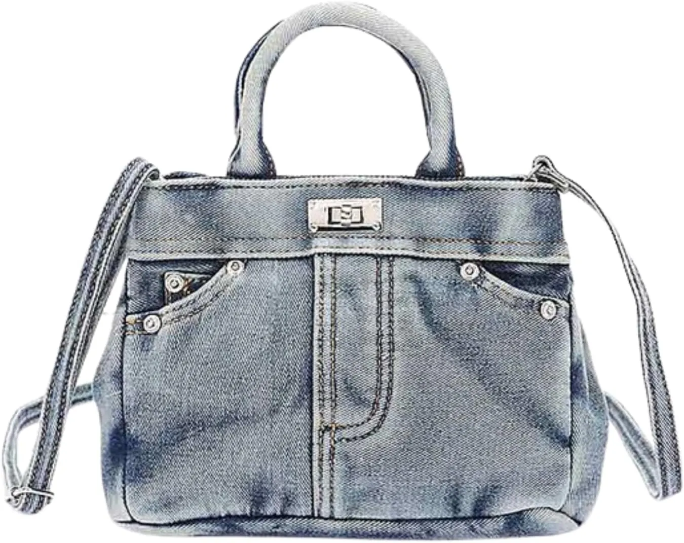 Washed Denim Convertible Top Handle Tote Bag for Women Vintage Blue Jeans Crossbody Purse, Casual Shoulder Handbag