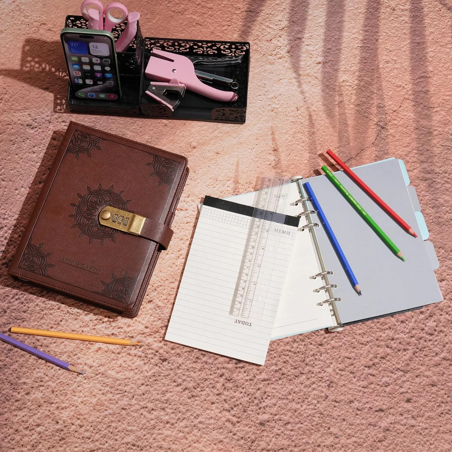 WASON Journal with Lock A5 Binder Diary Ruled Spiral Notebook Planner Portfolio and Refillable Writing Lined Paper Notepad, Pen, Clipboard Organizer For Ideal Business, School & Travel (Coffee)