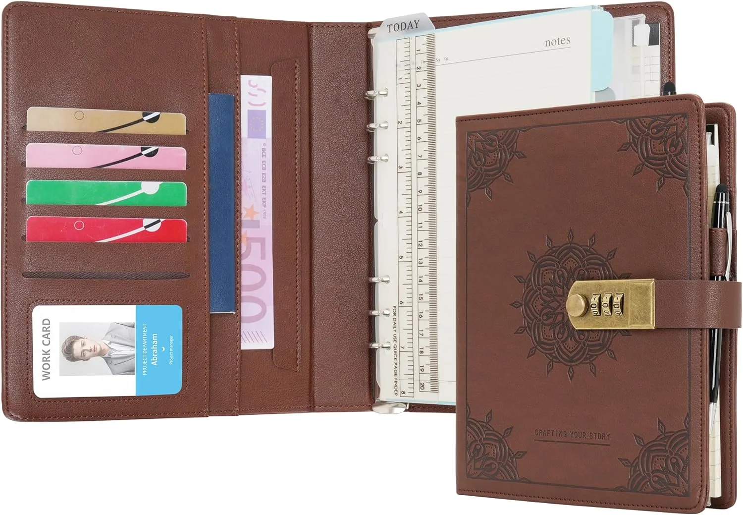 WASON Journal with Lock A5 Binder Diary Ruled Spiral Notebook Planner Portfolio and Refillable Writing Lined Paper Notepad, Pen, Clipboard Organizer For Ideal Business, School & Travel (Coffee)