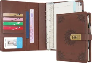 WASON Journal with Lock A5 Binder Diary Ruled Spiral Notebook Planner Portfolio and Refillable Writing Lined Paper Notepad, Pen, Clipboard Organizer For Ideal Business, School & Travel (Coffee)