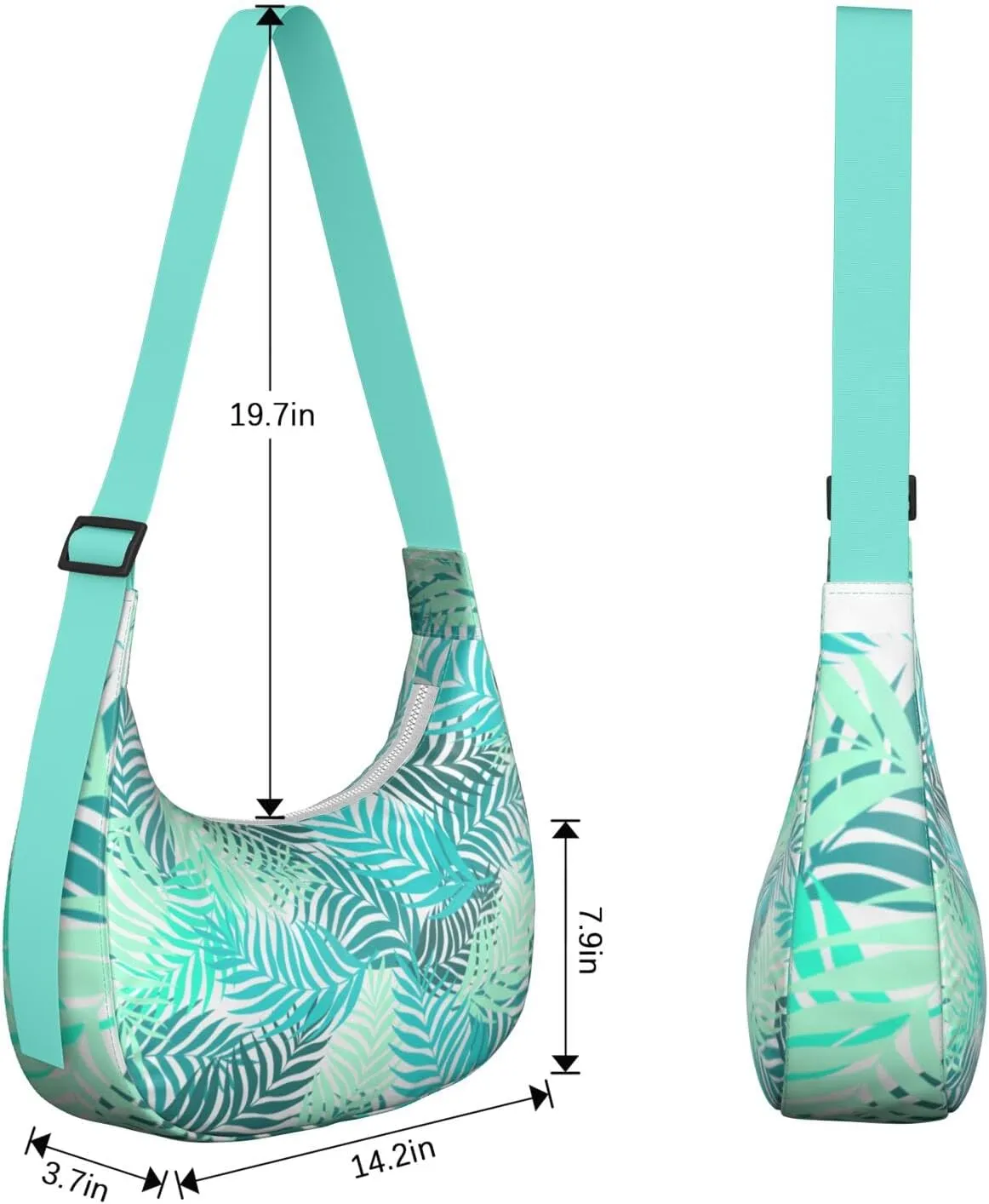 Waterproof Nylon Crescent Shoulder Bag Tropical Leaf Floral Crossbody Bag for Women Travel Sling Bag Adjustable Strap