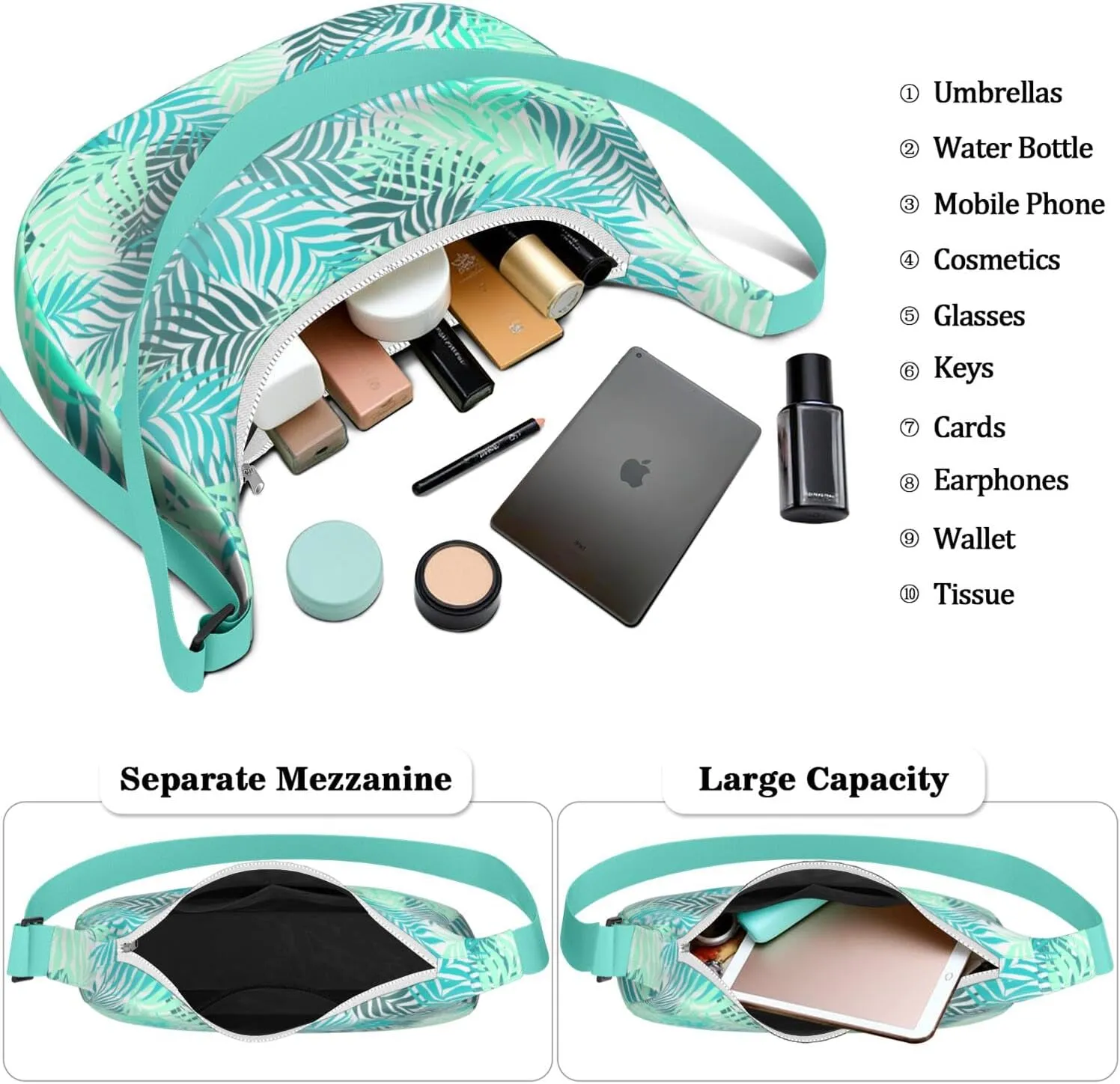 Waterproof Nylon Crescent Shoulder Bag Tropical Leaf Floral Crossbody Bag for Women Travel Sling Bag Adjustable Strap