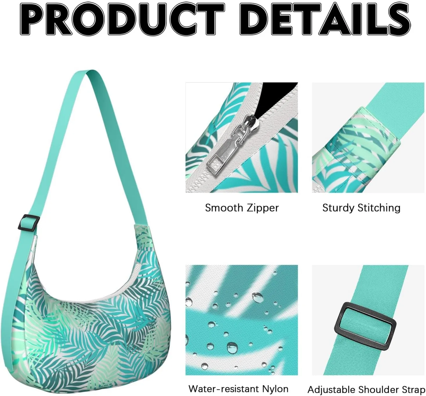 Waterproof Nylon Crescent Shoulder Bag Tropical Leaf Floral Crossbody Bag for Women Travel Sling Bag Adjustable Strap