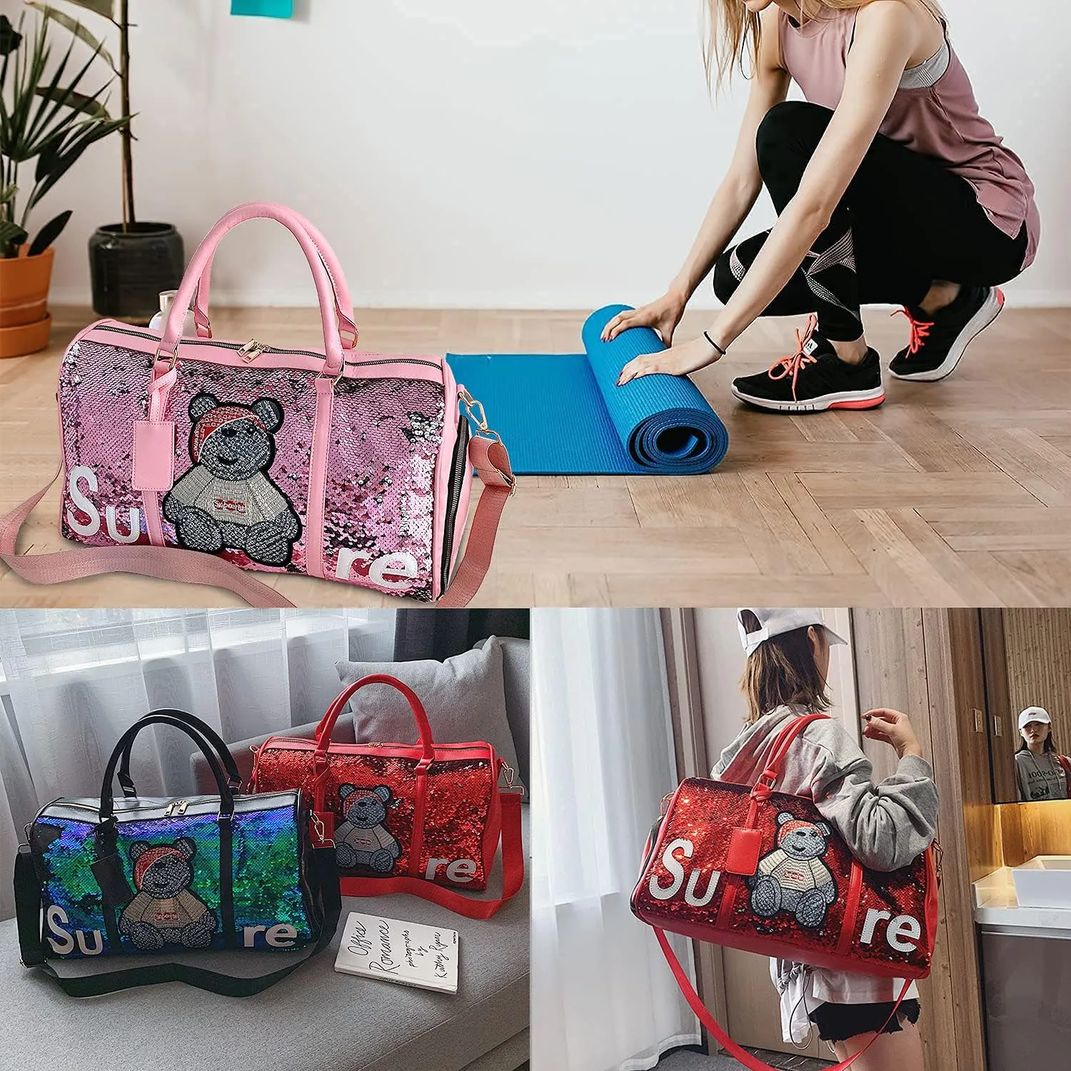 Wealth & Strength Duffle Bag for Women and Kids Gym Sports Girls Workout Travel Weekender with Shoe Compartment Wet Pocket Great Travel,Yoga,Fishing, Swimming,Hunting Bags (black), 46cm x 28cm 20cm