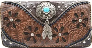 Western Feather Tooled Leather Floral Laser Cut Flower Purse Studs Single Shoulder Bag Clutch Women Trifold Wristlets Wallet (Coffee)