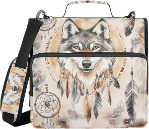 Western Wolf Dream Catchers Tribal Organizer Binder with Shoulder Strap & Handle Multi-Pocket 1.5 Inch 3 Rings Pencil Cases Portfolio Binder Office Document Organizer