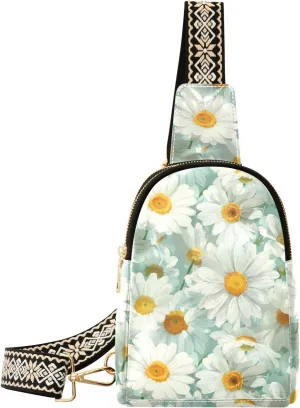 White Daisy Full-Print Leather Fashion Waist Pack Small Crossbody Bag with Card Slots & Adjustable Strap for Biking Shopping Hiking Running & Casual Outings