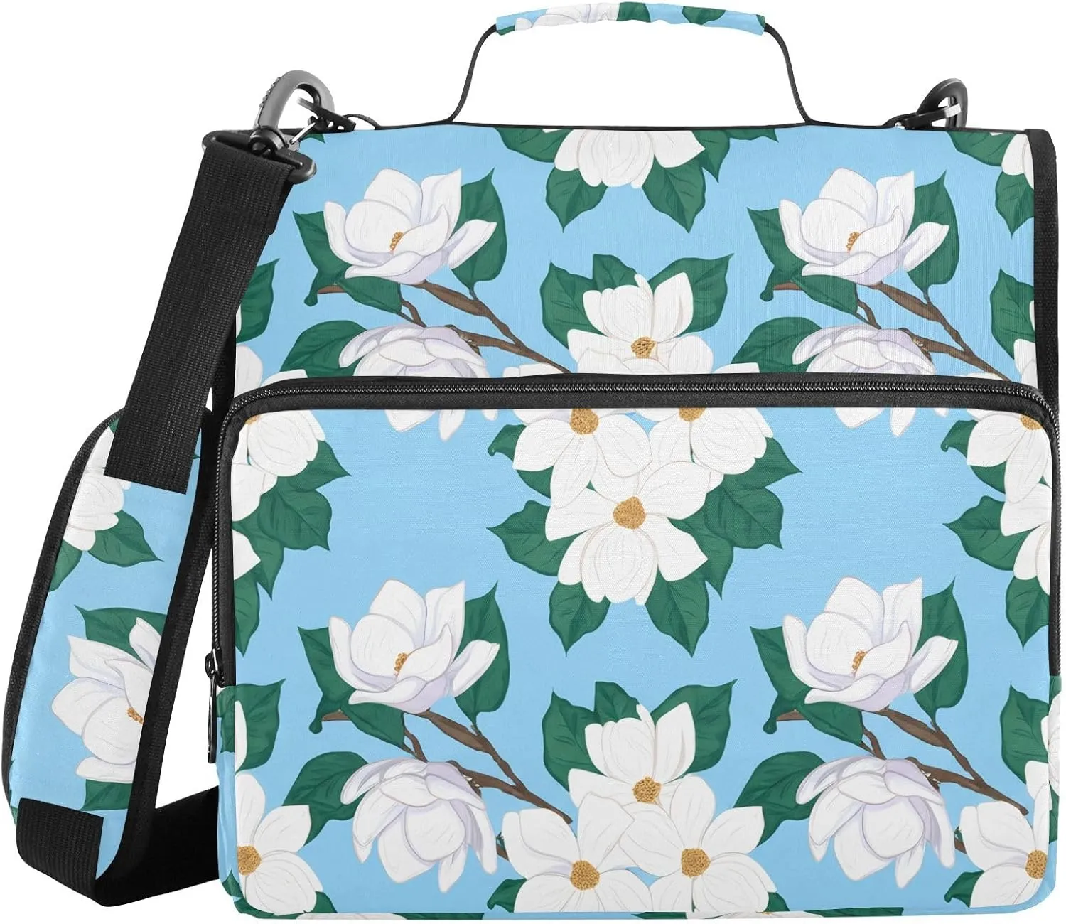White Magnolia Leaves 3 Ring Zipper Binder with Shoulder Strap Portfolio Binder Case for Business School Work Document Storage