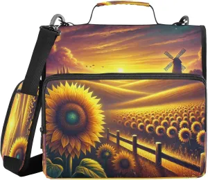 Windmill Sunflower Zipper Binder Bag 3 Ring File Folder Large Zippered Binder Document Organizer with Shoulder Strap Fits Laptop for School Work Office Supplies Portable