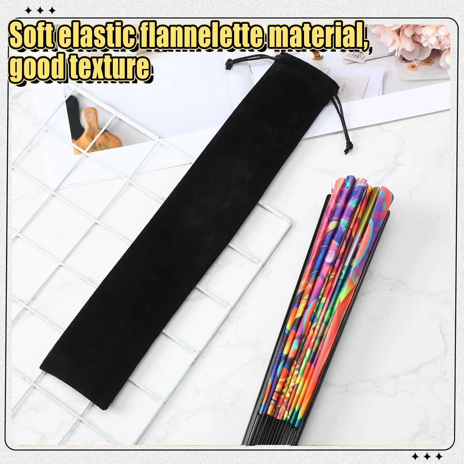 Windyun Folding Hand Fan Bags Long Velvet Bags with Drawstrings Black Hand Fan Pouch Gift Wrap Protector Clack Sleeves Holder for Line Dancing Wedding Travel Party Favors(60 Pcs,14.57 x 2.76 Inch)