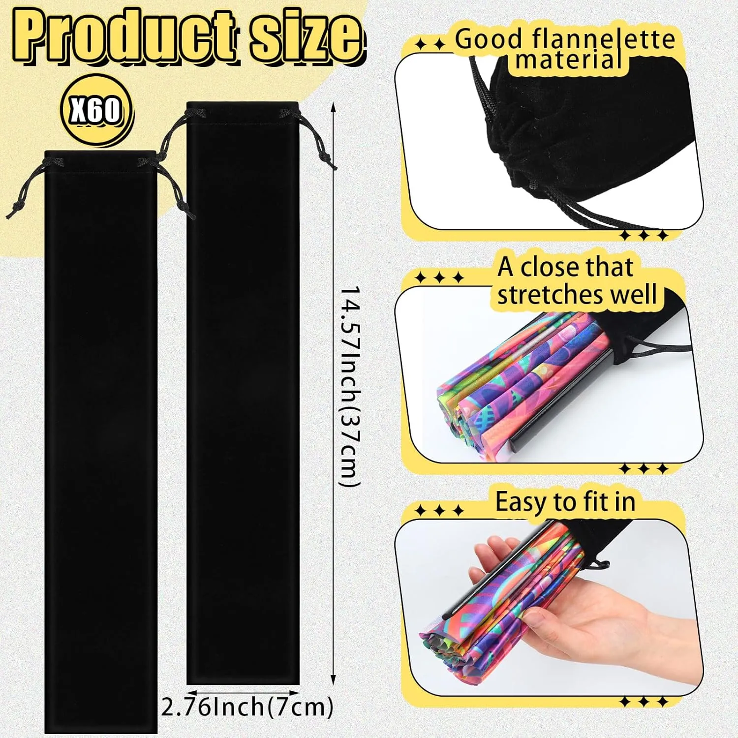 Windyun Folding Hand Fan Bags Long Velvet Bags with Drawstrings Black Hand Fan Pouch Gift Wrap Protector Clack Sleeves Holder for Line Dancing Wedding Travel Party Favors(60 Pcs,14.57 x 2.76 Inch)