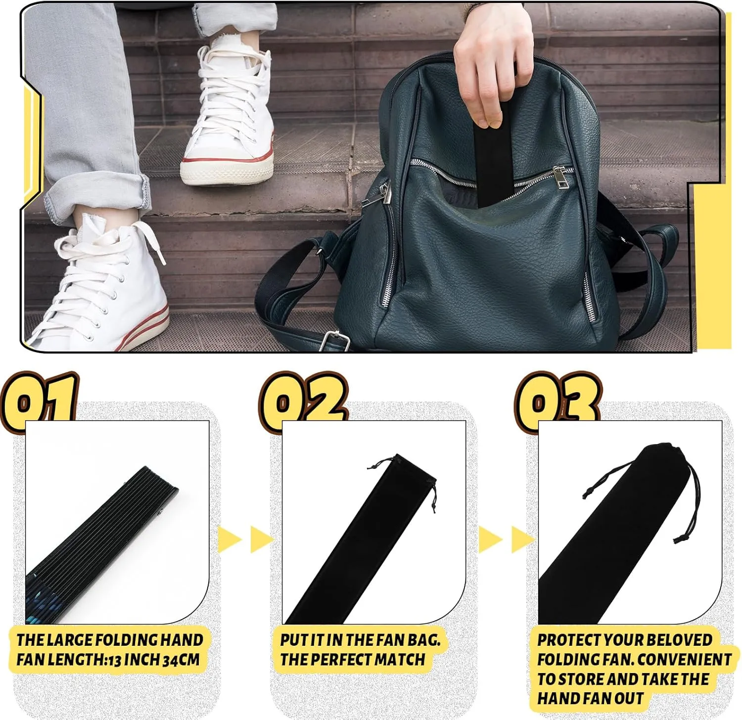 Windyun Folding Hand Fan Bags Long Velvet Bags with Drawstrings Black Hand Fan Pouch Gift Wrap Protector Clack Sleeves Holder for Line Dancing Wedding Travel Party Favors(60 Pcs,14.57 x 2.76 Inch)
