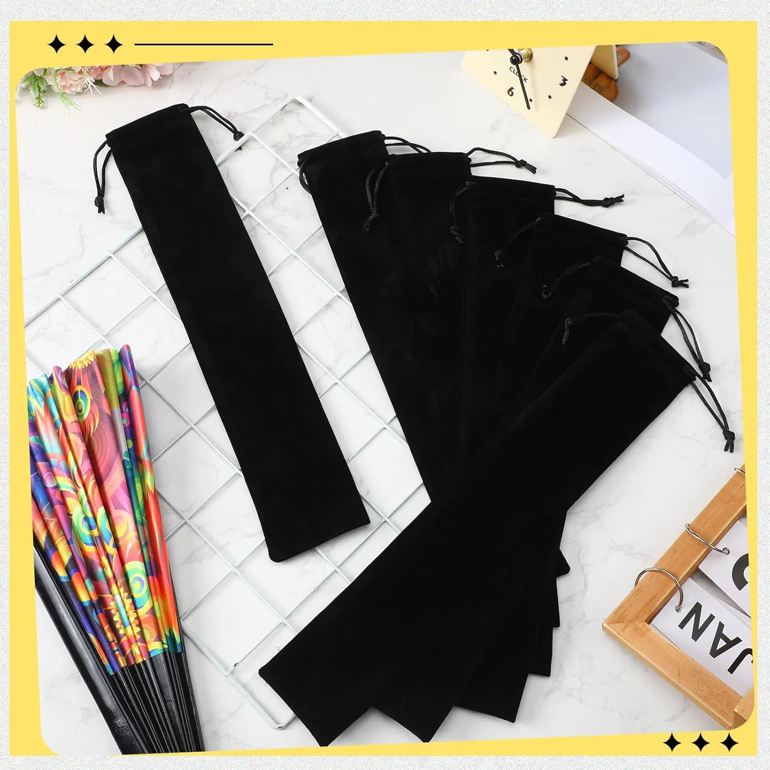 Windyun Folding Hand Fan Bags Long Velvet Bags with Drawstrings Black Hand Fan Pouch Gift Wrap Protector Clack Sleeves Holder for Line Dancing Wedding Travel Party Favors(60 Pcs,14.57 x 2.76 Inch)