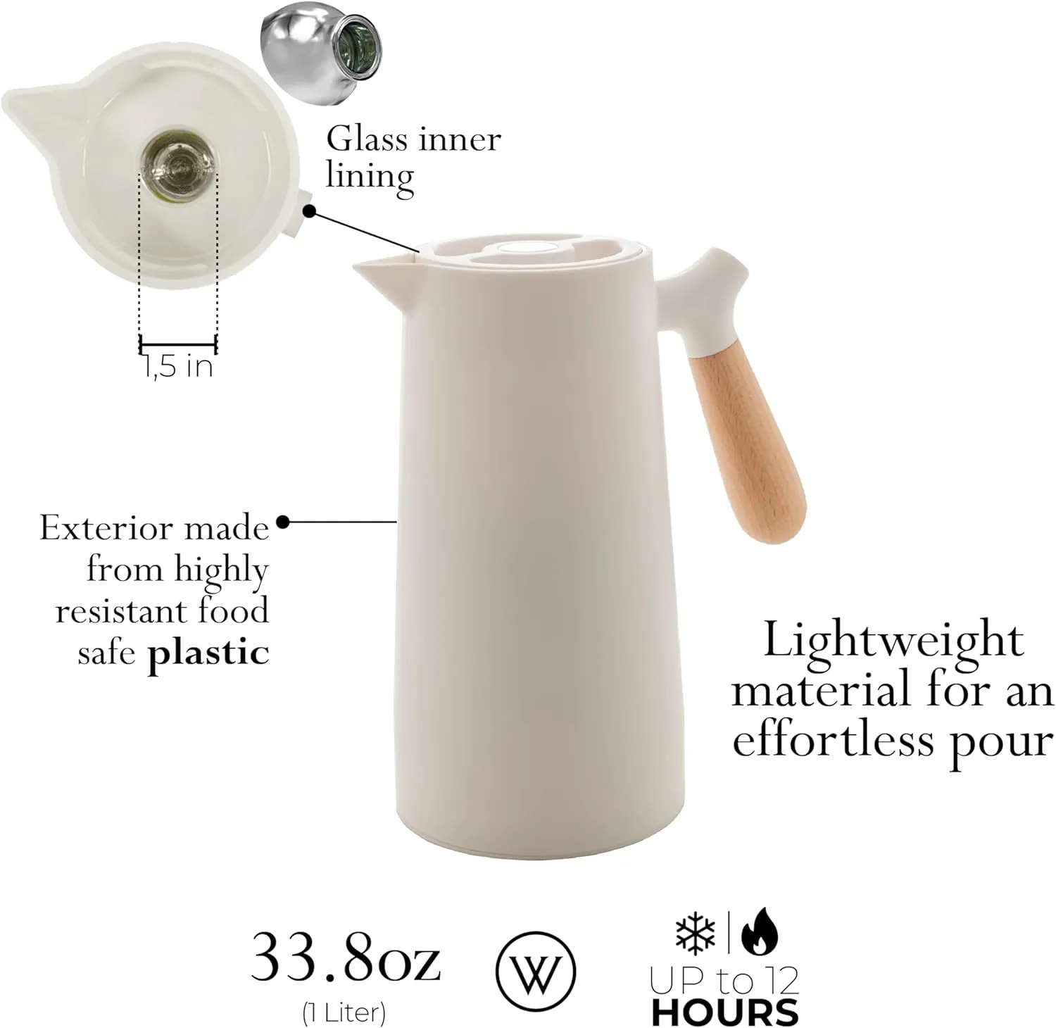 WOLFF - Thermal Coffee Carafe - Hot or Cold Drinks, Double Walled Insulated Vacuum Flask - Leakproof Coffee Dispenser with Wooden Handle, Thermos Bottle for Cold Beverages - White, 34floz/1L