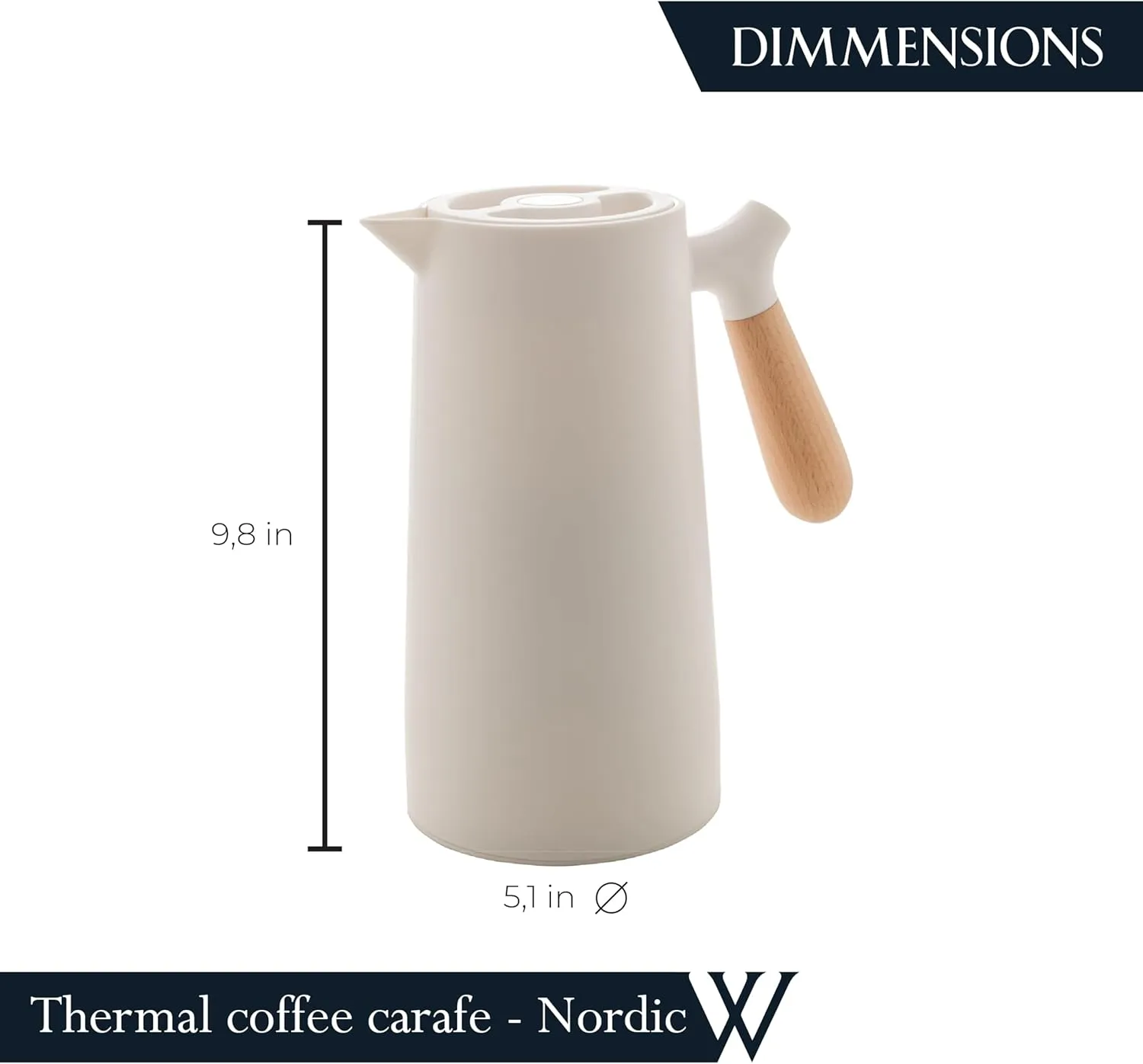 WOLFF - Thermal Coffee Carafe - Hot or Cold Drinks, Double Walled Insulated Vacuum Flask - Leakproof Coffee Dispenser with Wooden Handle, Thermos Bottle for Cold Beverages - White, 34floz/1L