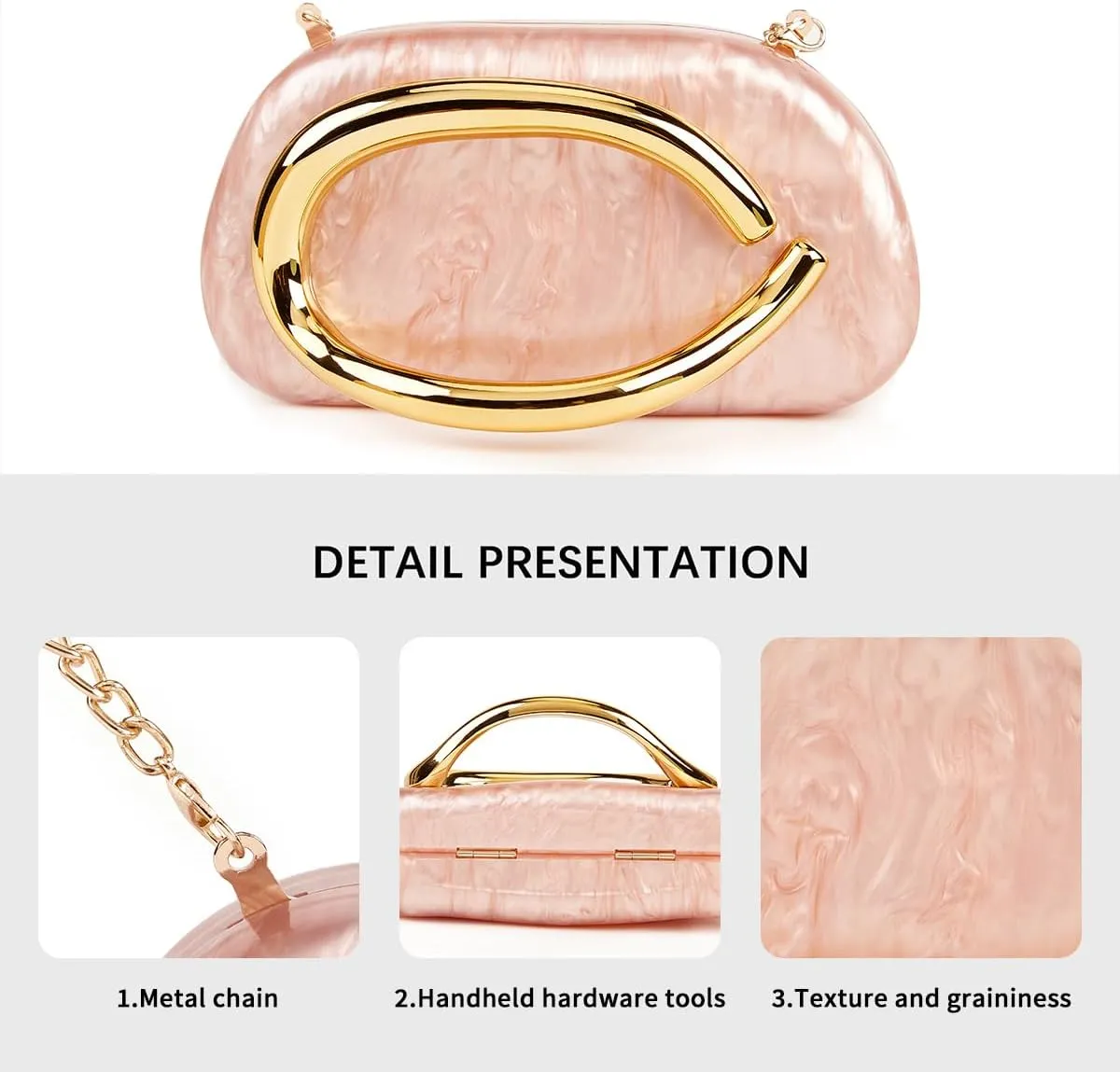 Women Acrylic Clutch Purse Metal Handle Evening Bag Trendy Box Shoulder Crossbody Bag Handbag for Wedding Party Causal
