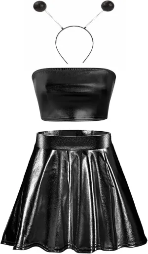 Women Alien Costume Metallic Crop Top Shirt   Holographic Mini Skirt   Martian Headband Rave Outfits Halloween Cosplay