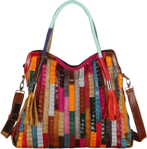 Women Colorful Tote Handbag Leather Striped Patchwork Shoulder Bag Vintage Satchel Hobo Crossbody Bag Travel Purse
