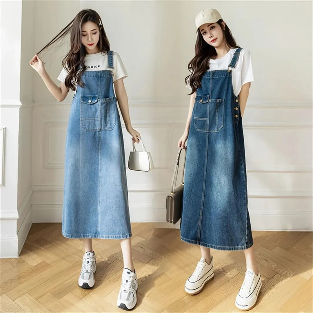 Women Denim Large Pocket Loose Mid Length Suspender Straps Korean Dresses