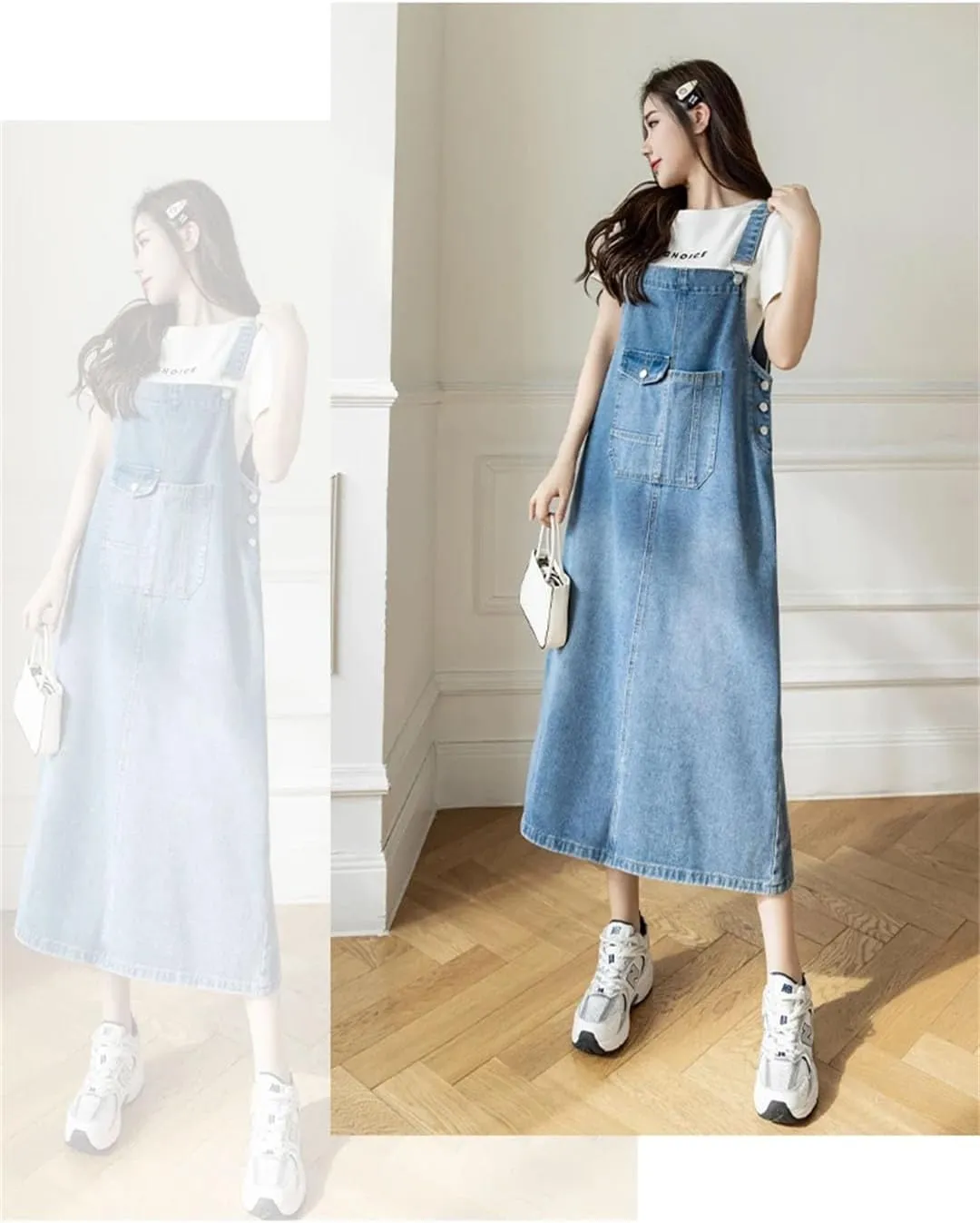 Women Denim Large Pocket Loose Mid Length Suspender Straps Korean Dresses