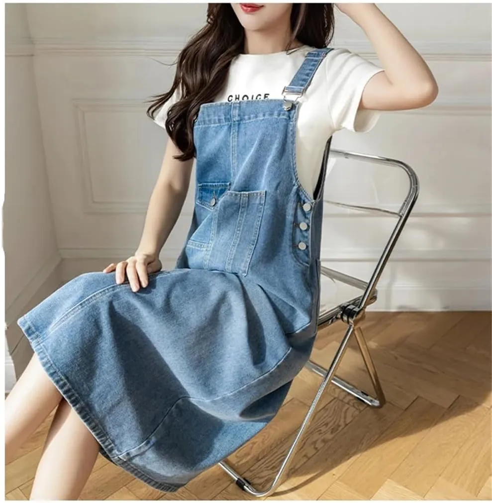 Women Denim Large Pocket Loose Mid Length Suspender Straps Korean Dresses