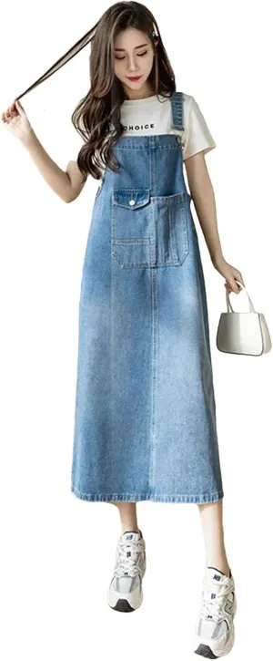 Women Denim Large Pocket Loose Mid Length Suspender Straps Korean Dresses