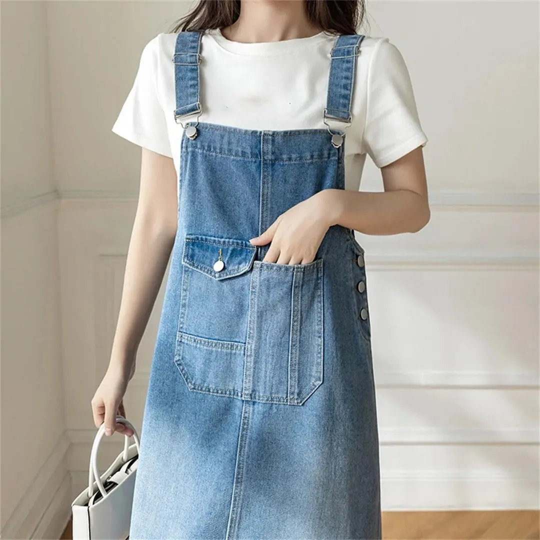 Women Denim Large Pocket Loose Mid Length Suspender Straps Korean Dresses