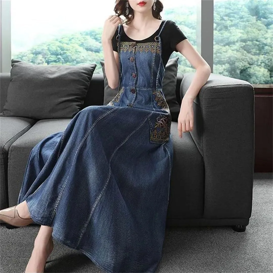 Women Denim Suspender Long Retro Embroidered Sleeveless Korean Spaghetti Strap Dresses