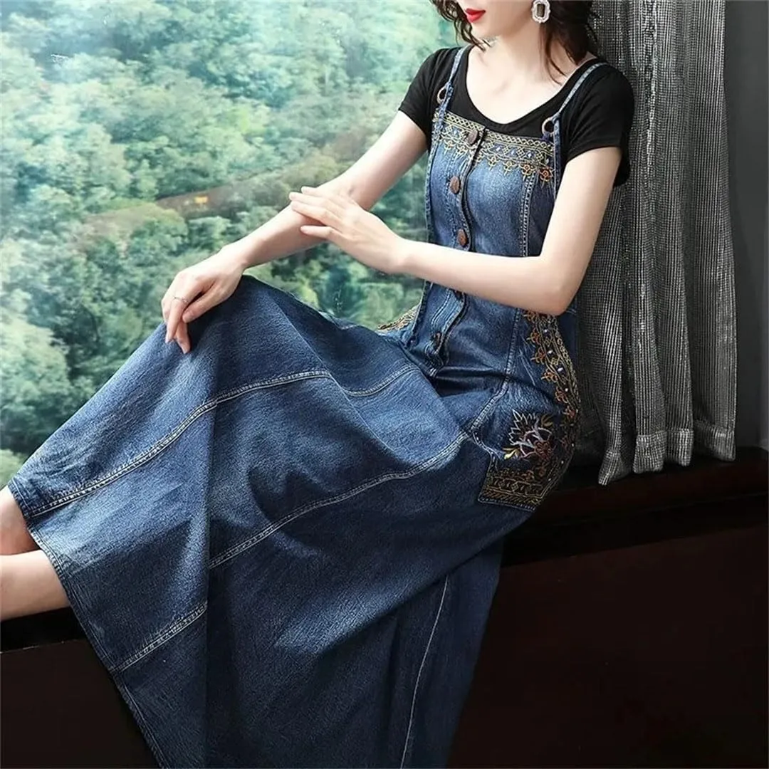 Women Denim Suspender Long Retro Embroidered Sleeveless Korean Spaghetti Strap Dresses