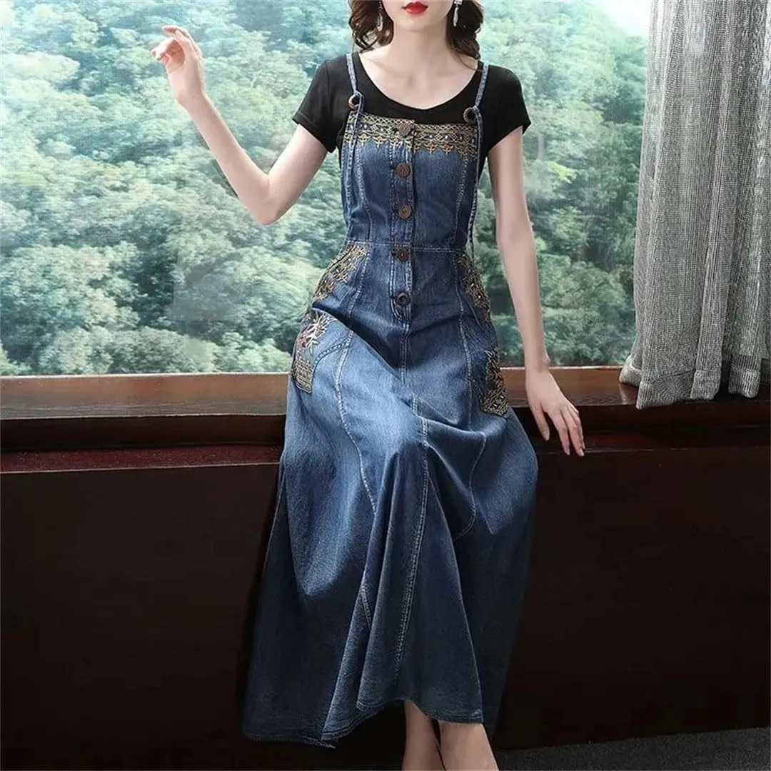Women Denim Suspender Long Retro Embroidered Sleeveless Korean Spaghetti Strap Dresses
