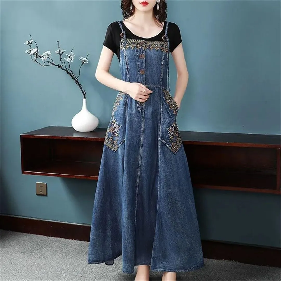 Women Denim Suspender Long Retro Embroidered Sleeveless Korean Spaghetti Strap Dresses
